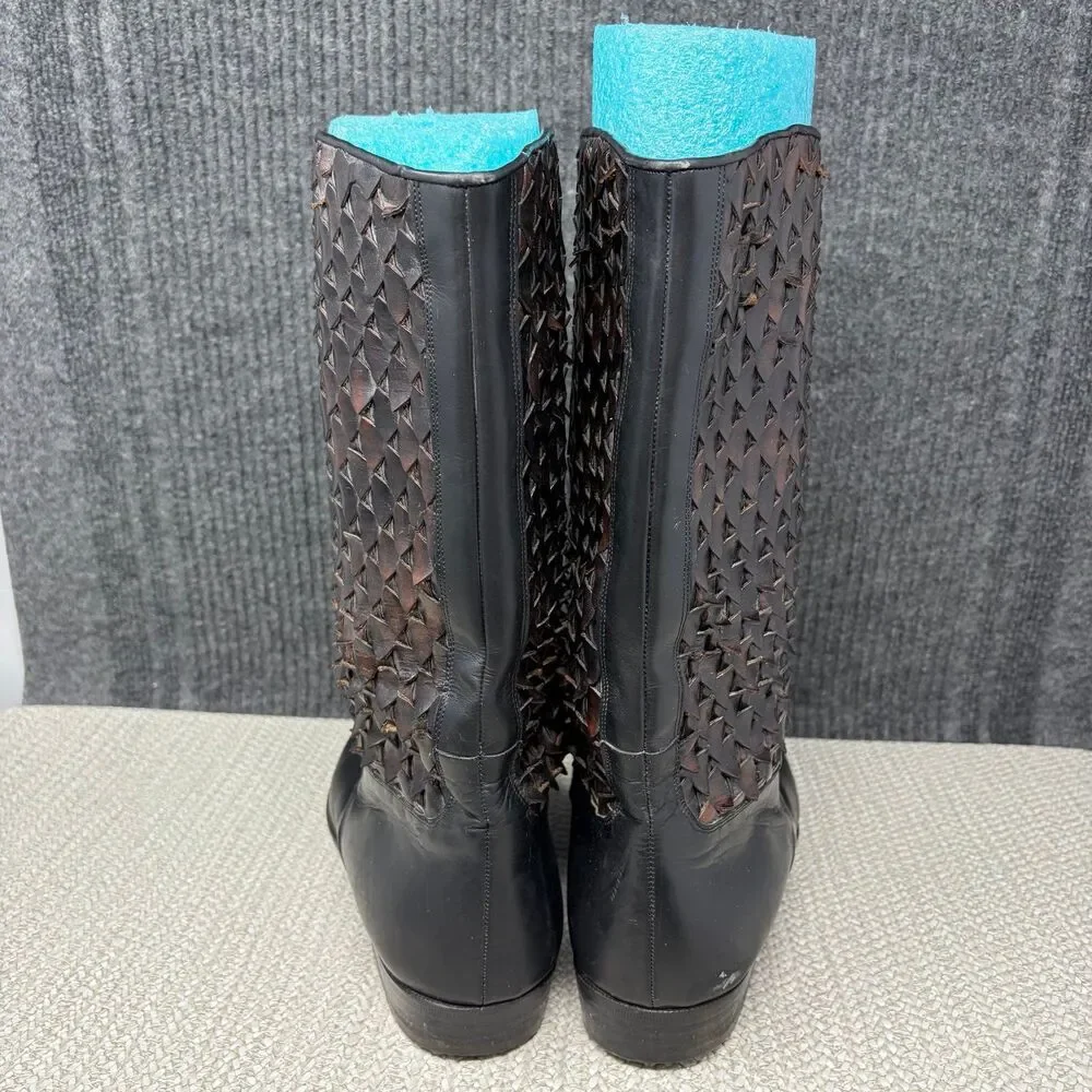 Lorenzo Banfi Woven Mid Calf Leather Boots Black Brown Italy Mens 12